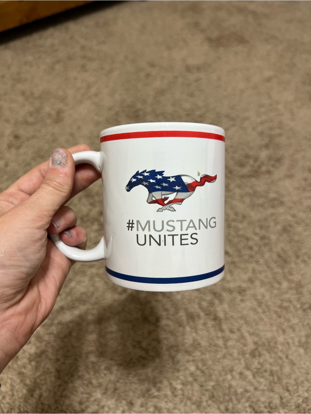 Ford White Mug with Red and Blue Trim and American Mustang Graphic